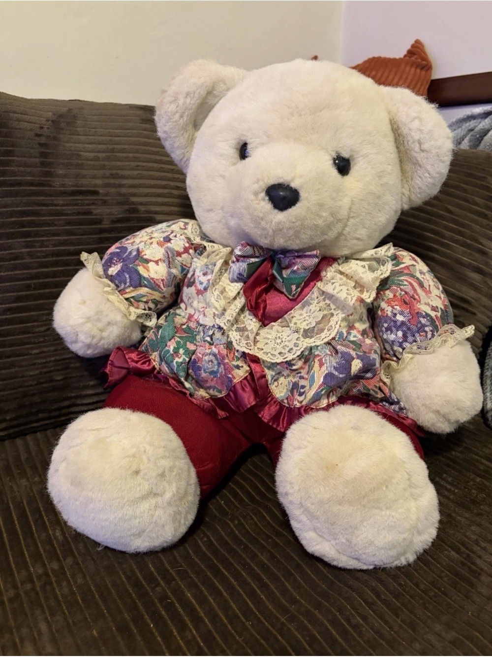 Plush Cream Teddy Bear with Floral Dress and Red Pants